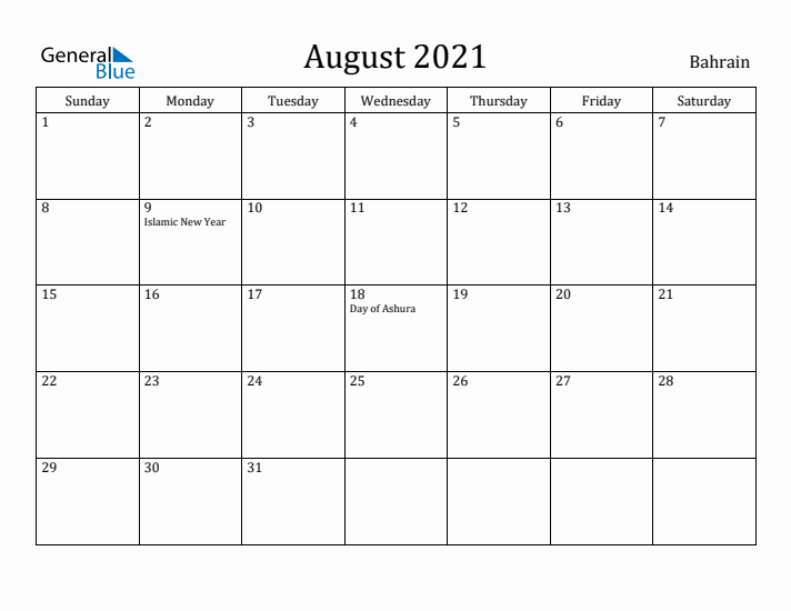 August 2021 Calendar Bahrain
