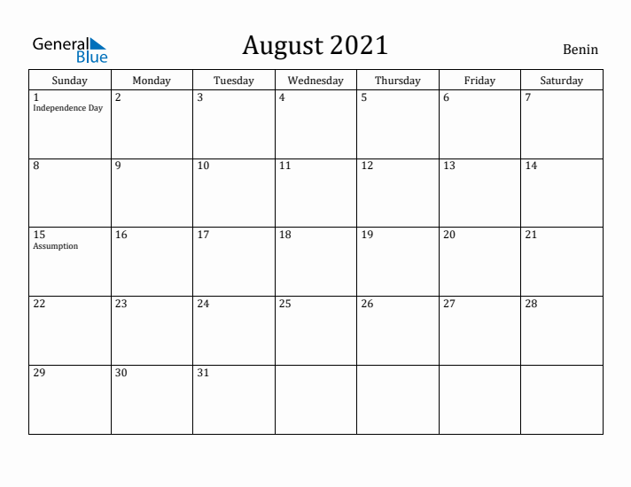 August 2021 Calendar Benin