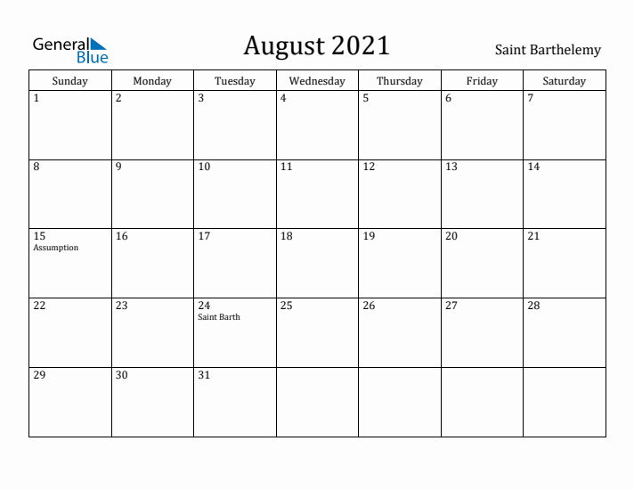 August 2021 Calendar Saint Barthelemy