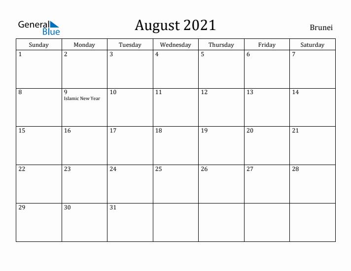 August 2021 Calendar Brunei