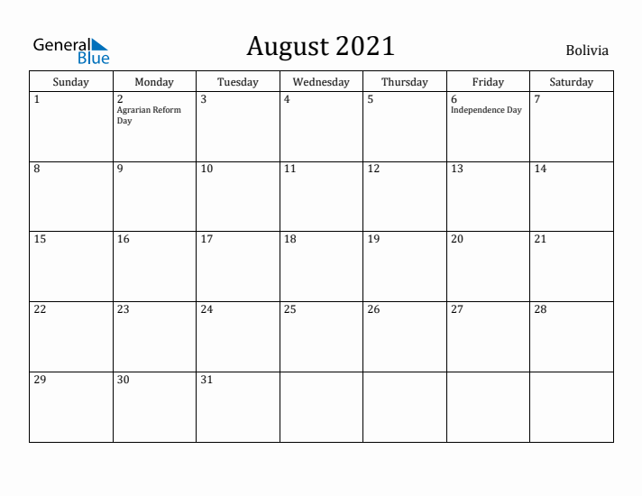 August 2021 Calendar Bolivia