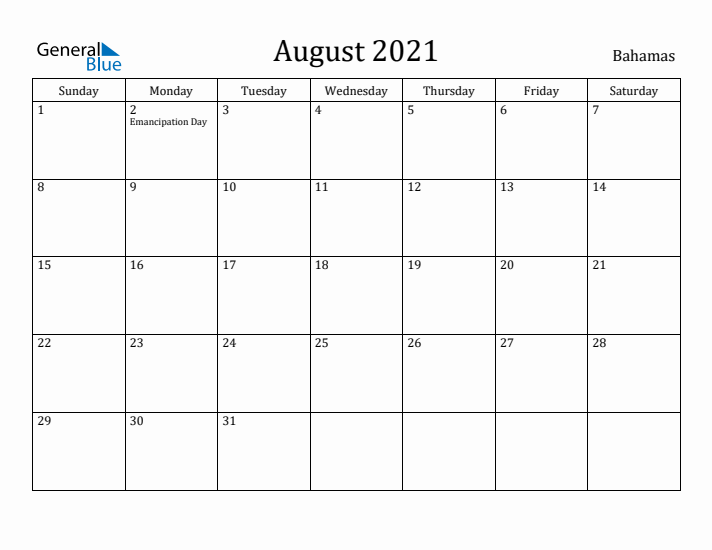 August 2021 Calendar Bahamas
