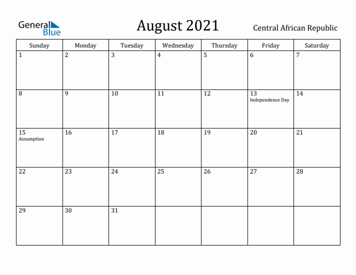 August 2021 Calendar Central African Republic