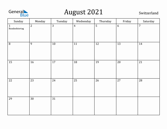 August 2021 Calendar Switzerland