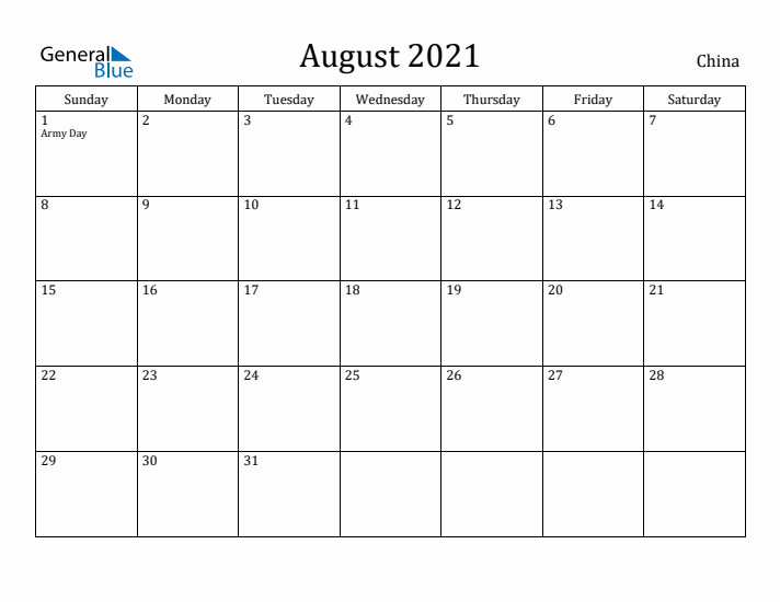 August 2021 Calendar China