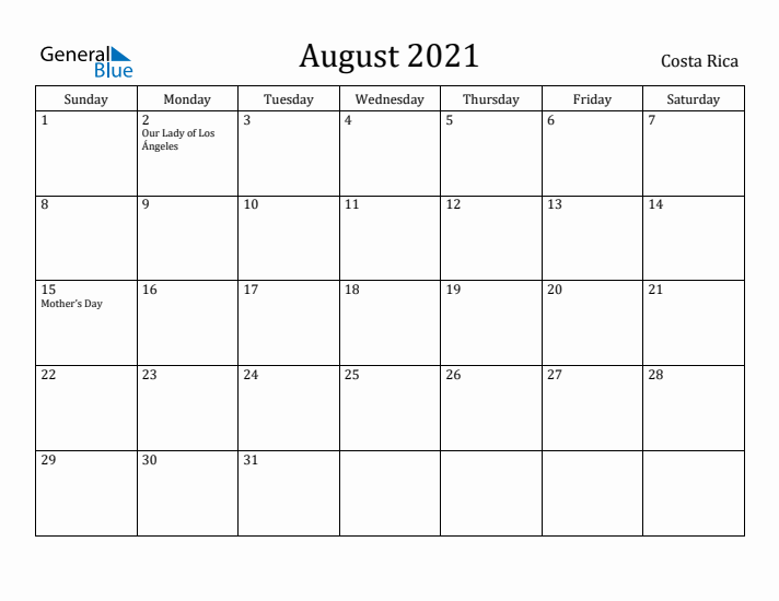 August 2021 Calendar Costa Rica