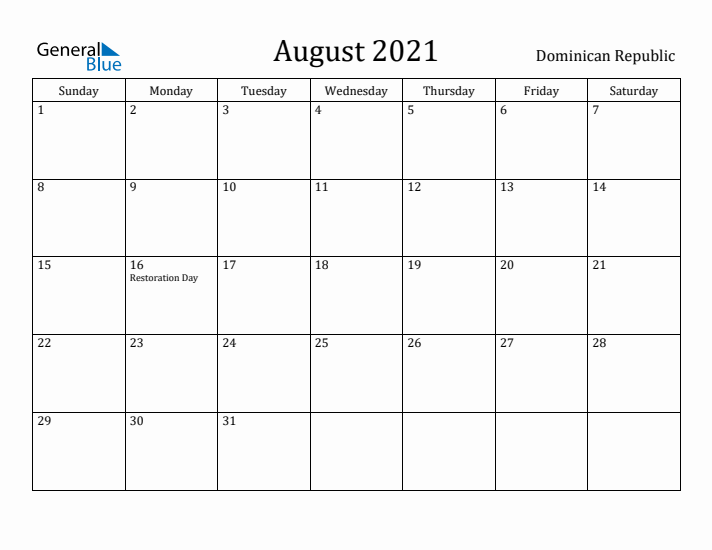 August 2021 Calendar Dominican Republic