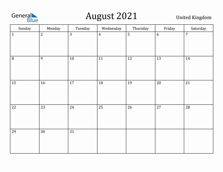 August 2021 Calendar United Kingdom