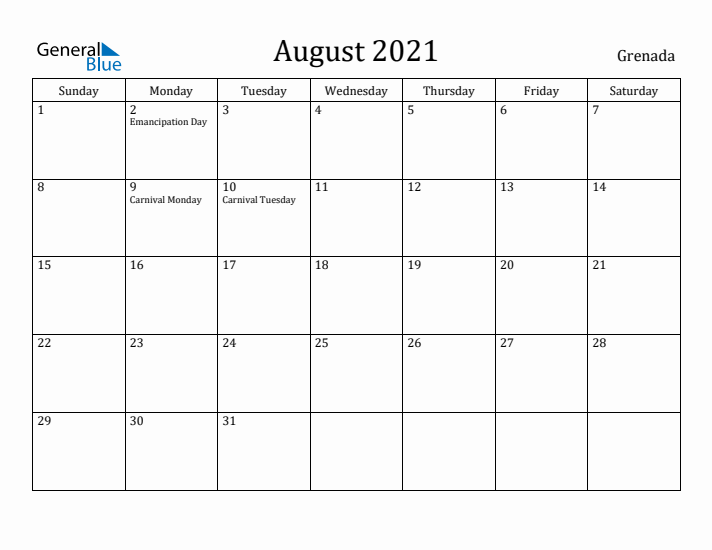 August 2021 Calendar Grenada