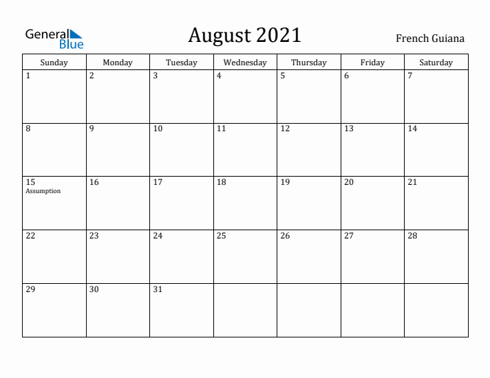 August 2021 Calendar French Guiana