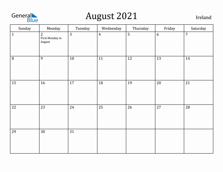 August 2021 Calendar Ireland