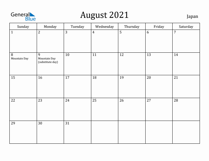 August 2021 Calendar Japan