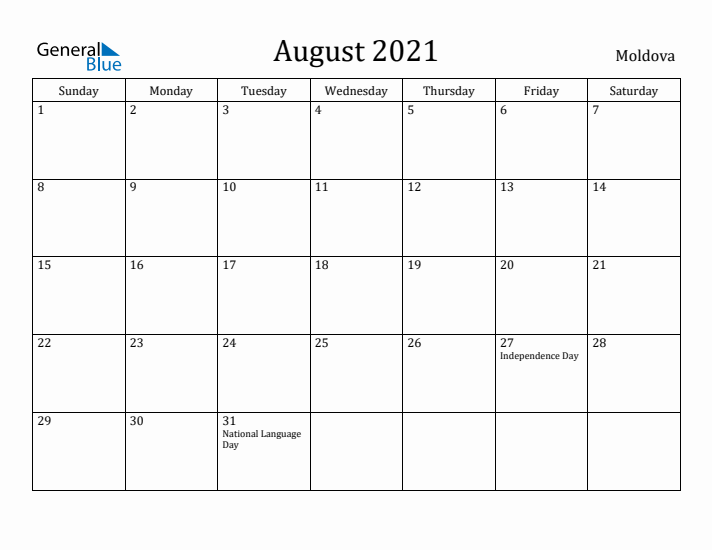 August 2021 Calendar Moldova
