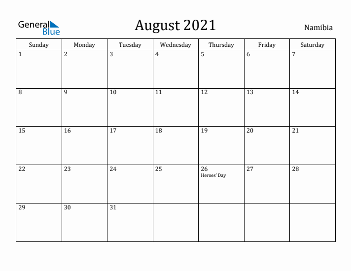 August 2021 Calendar Namibia