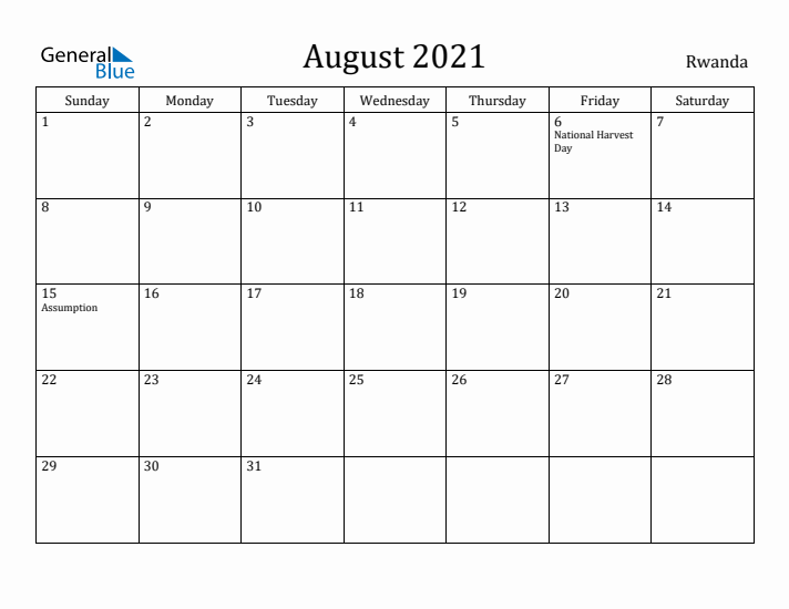 August 2021 Calendar Rwanda