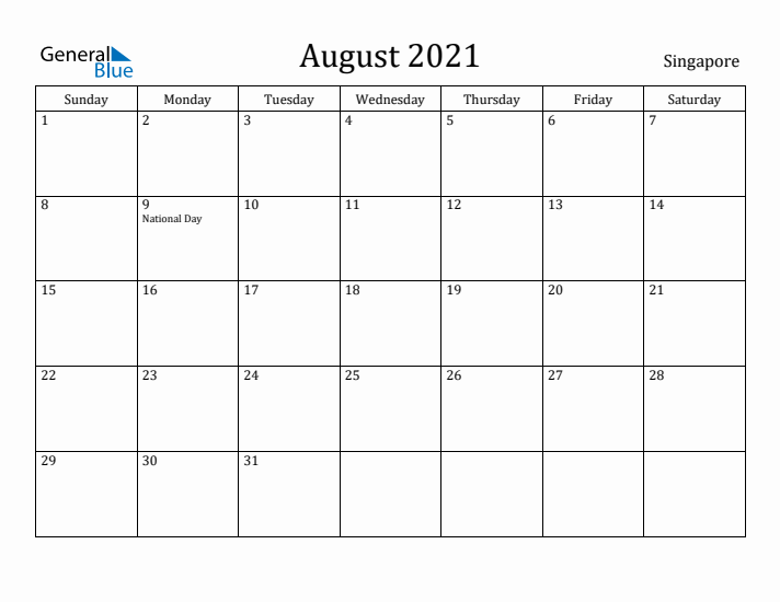 August 2021 Calendar Singapore