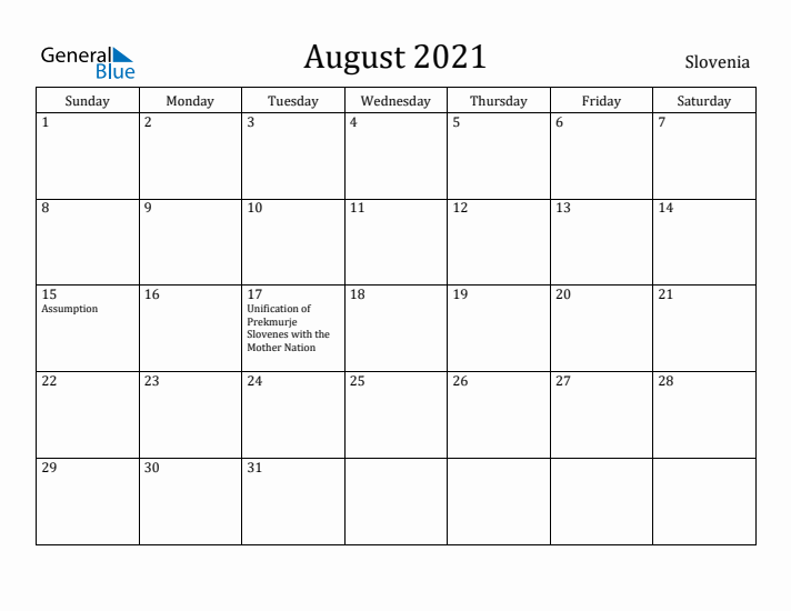 August 2021 Calendar Slovenia