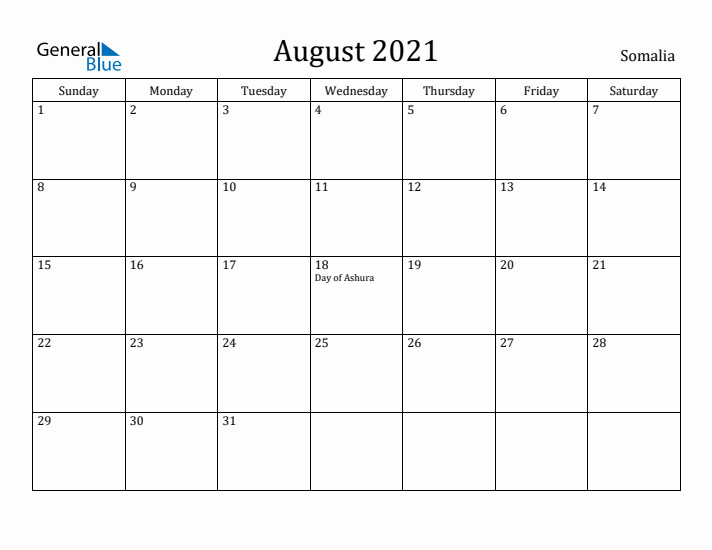 August 2021 Calendar Somalia