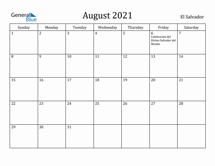 August 2021 Calendar El Salvador