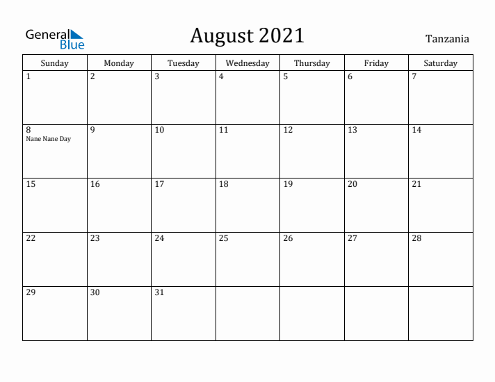 August 2021 Calendar Tanzania
