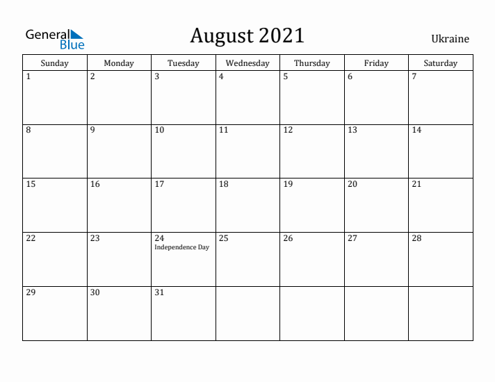 August 2021 Calendar Ukraine