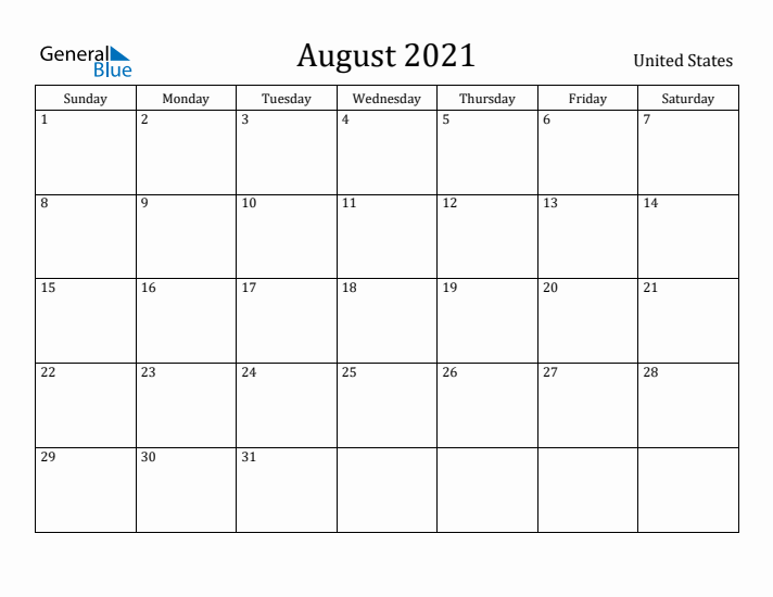 August 2021 Calendar United States