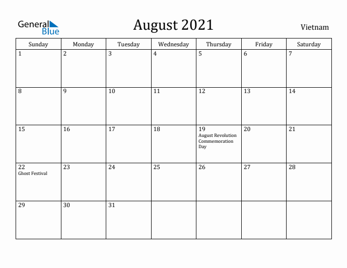August 2021 Calendar Vietnam