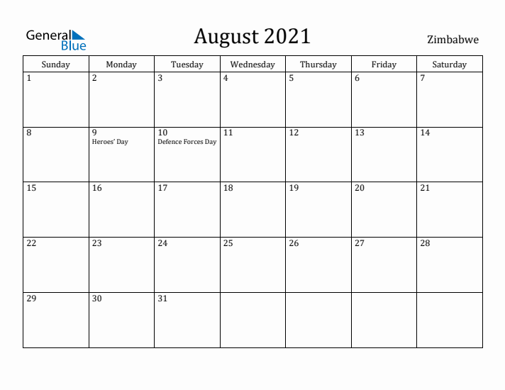 August 2021 Calendar Zimbabwe