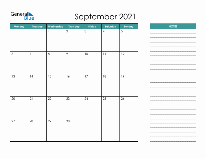September 2021 Calendar with Notes