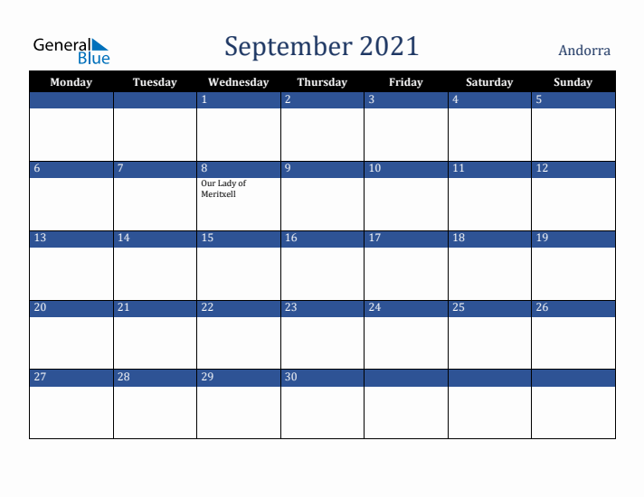 September 2021 Andorra Calendar (Monday Start)