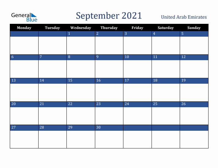September 2021 United Arab Emirates Calendar (Monday Start)