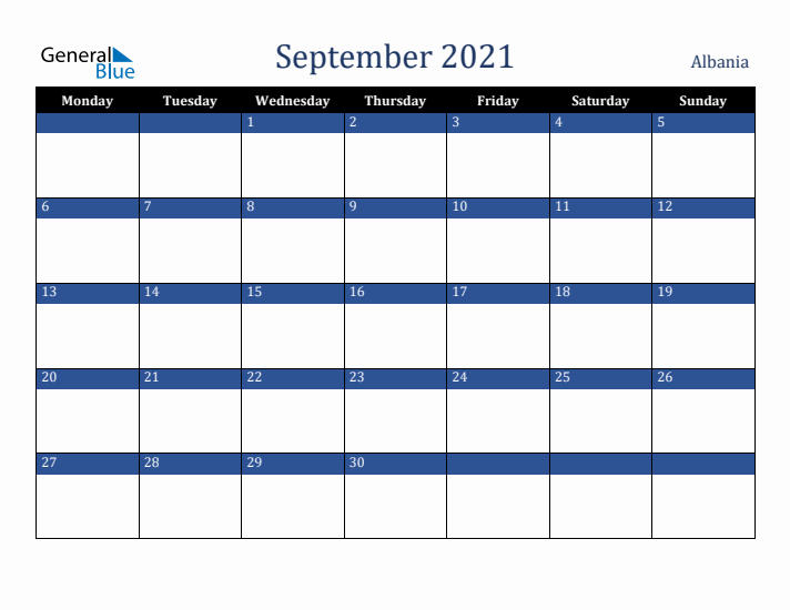 September 2021 Albania Calendar (Monday Start)