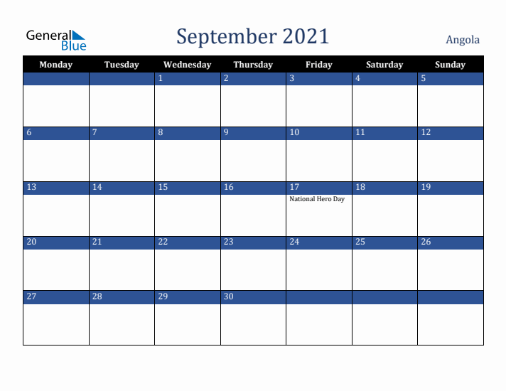 September 2021 Angola Calendar (Monday Start)