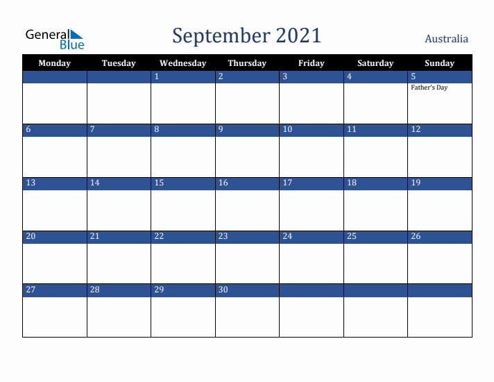 September 2021 Australia Calendar (Monday Start)