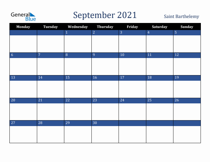 September 2021 Saint Barthelemy Calendar (Monday Start)