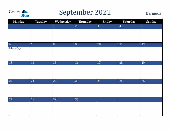 September 2021 Bermuda Calendar (Monday Start)