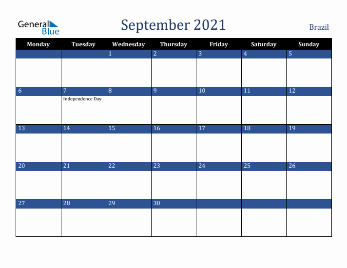 September 2021 Brazil Calendar (Monday Start)