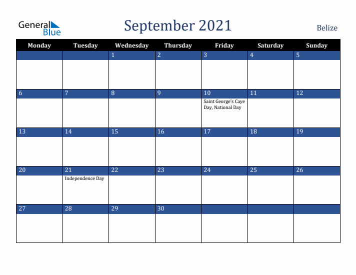 September 2021 Belize Calendar (Monday Start)