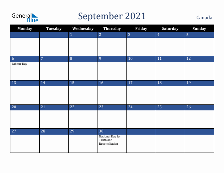 September 2021 Canada Calendar (Monday Start)
