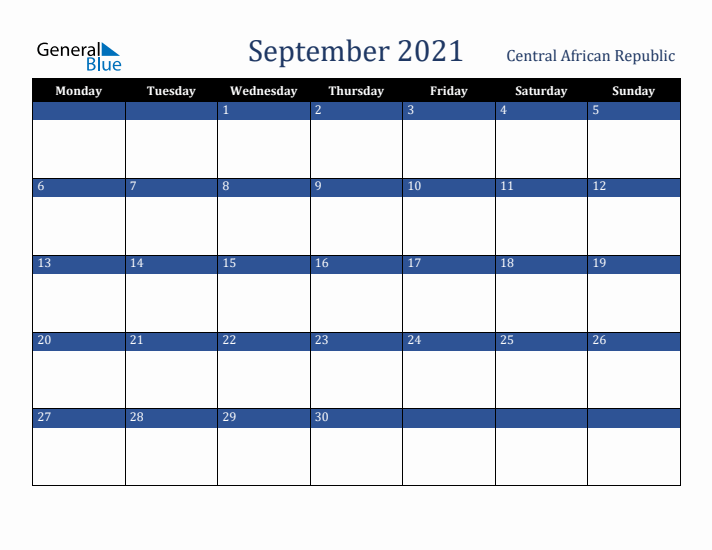 September 2021 Central African Republic Calendar (Monday Start)
