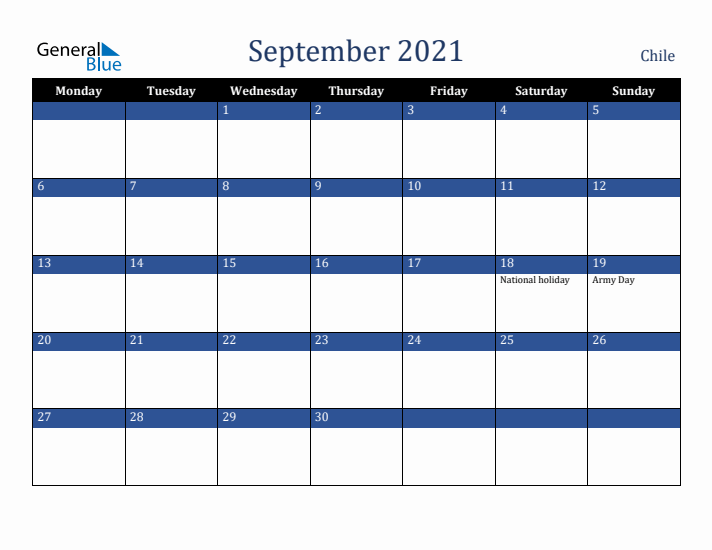 September 2021 Chile Calendar (Monday Start)