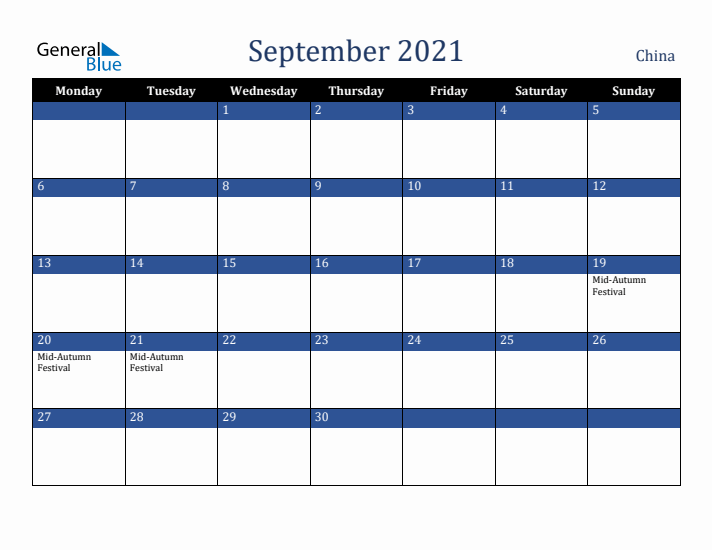 September 2021 China Calendar (Monday Start)