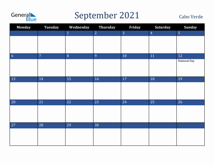 September 2021 Cabo Verde Calendar (Monday Start)
