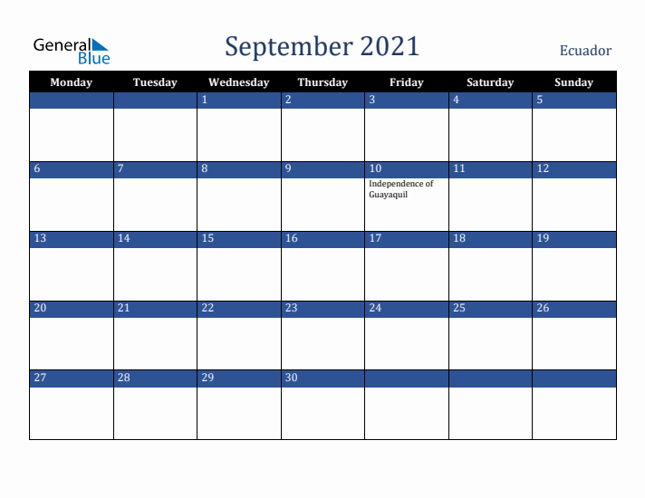 September 2021 Ecuador Calendar (Monday Start)