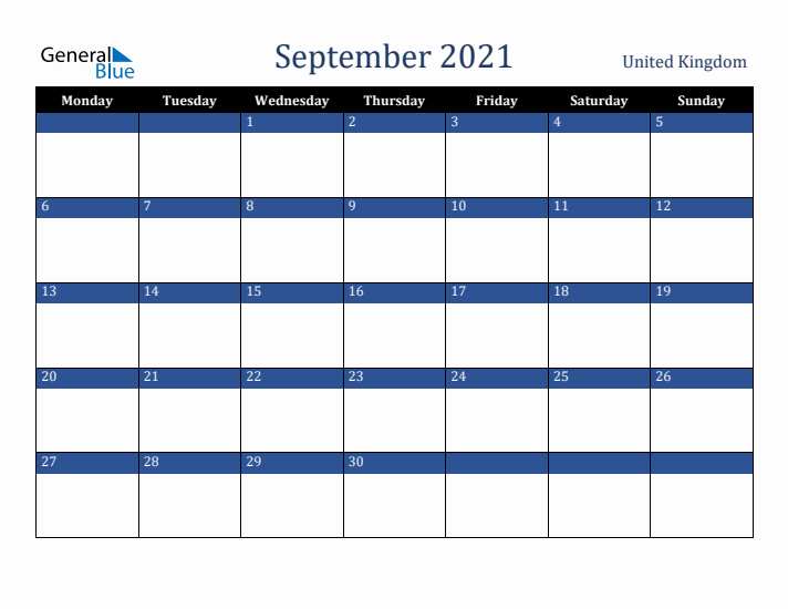 September 2021 United Kingdom Calendar (Monday Start)