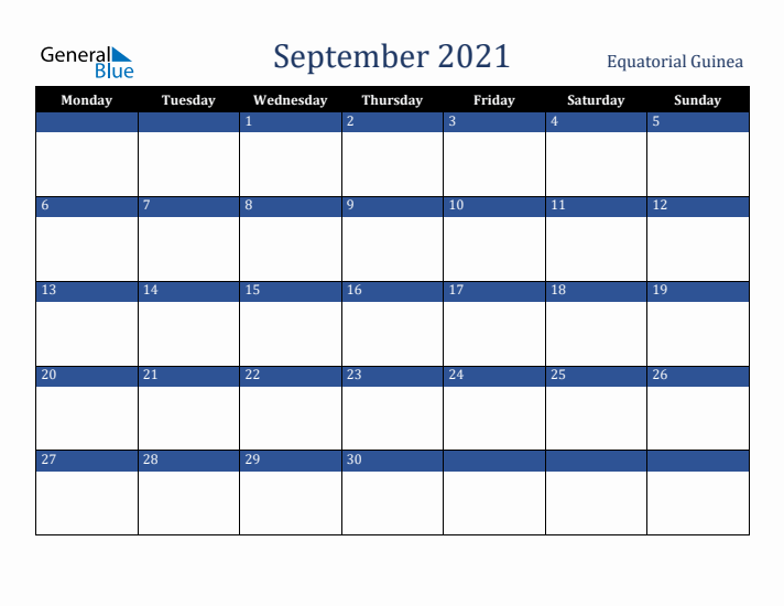 September 2021 Equatorial Guinea Calendar (Monday Start)