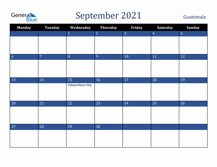 September 2021 Guatemala Calendar (Monday Start)