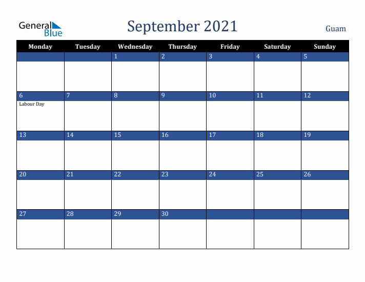 September 2021 Guam Calendar (Monday Start)
