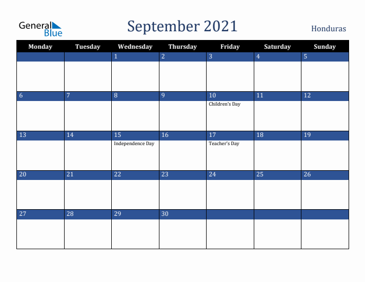 September 2021 Honduras Calendar (Monday Start)