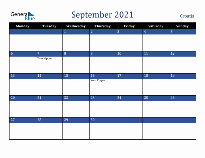 September 2021 Croatia Calendar (Monday Start)